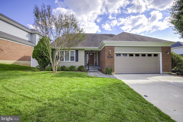 ranch-style home with a garage and a front yard