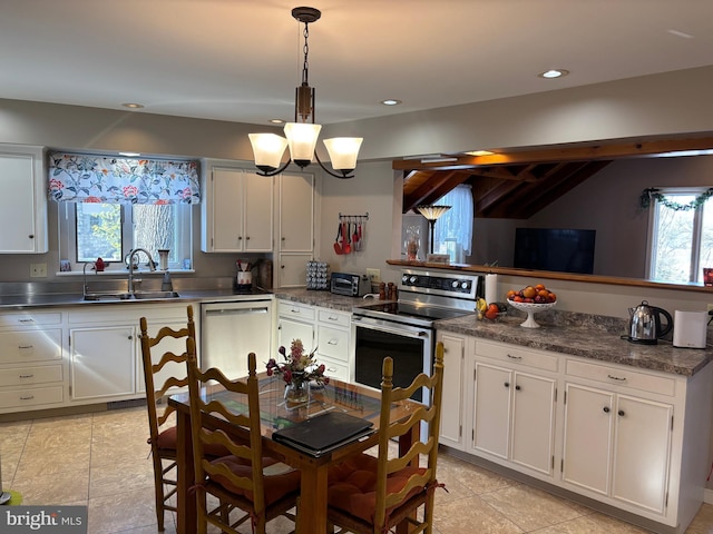 kitchen with sink, white cabinetry, an inviting chandelier, hanging light fixtures, and stainless steel appliances