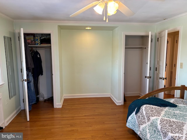 bedroom featuring crown molding, ceiling fan, wood-type flooring, and two closets