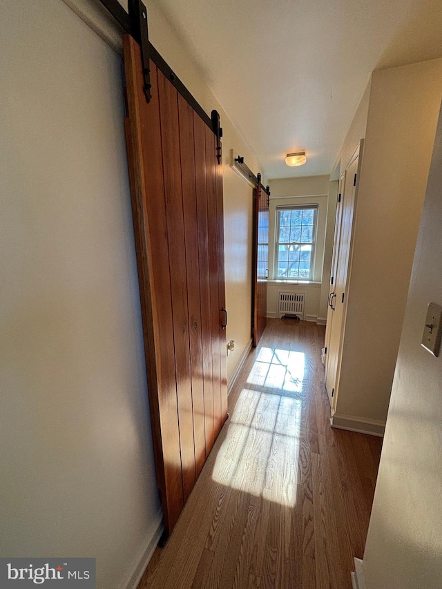 hallway with a barn door, radiator heating unit, and light hardwood / wood-style flooring