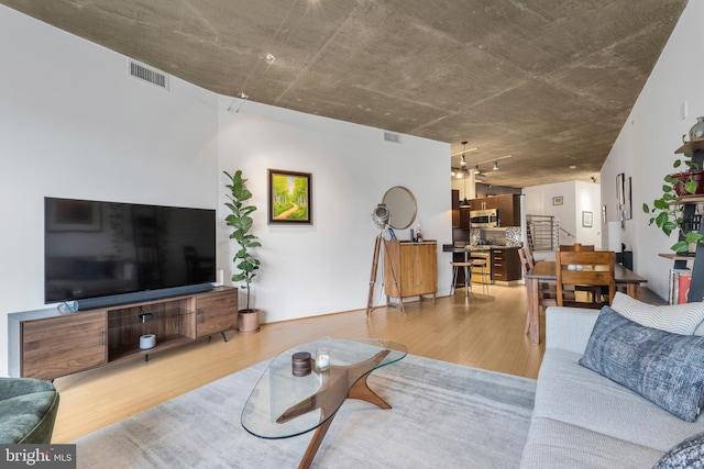 living room with wood-type flooring and rail lighting