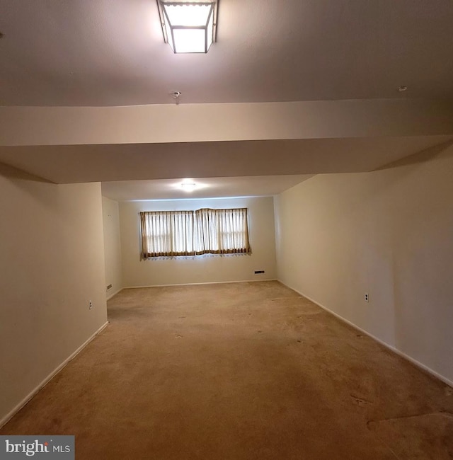 basement featuring light carpet