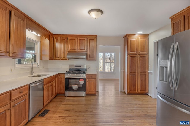 kitchen with stainless steel appliances, sink, and light wood-type flooring