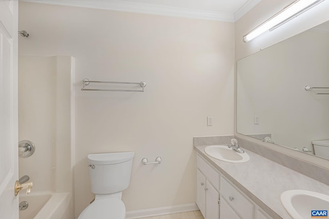 full bathroom featuring crown molding,  shower combination, toilet, and vanity