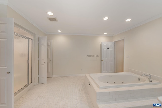 bathroom with ornamental molding and plus walk in shower