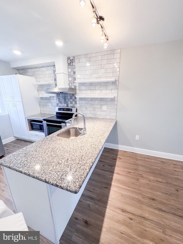 kitchen featuring white cabinetry, sink, decorative backsplash, electric range, and kitchen peninsula