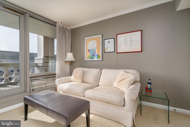 living room with a wall of windows, ornamental molding, and light carpet