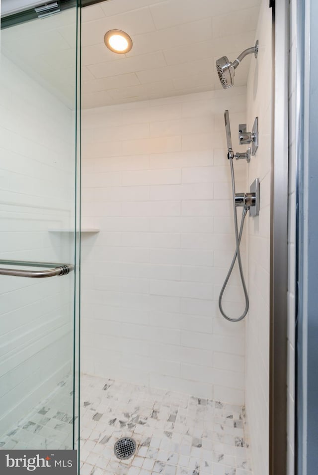 bathroom featuring a shower with door