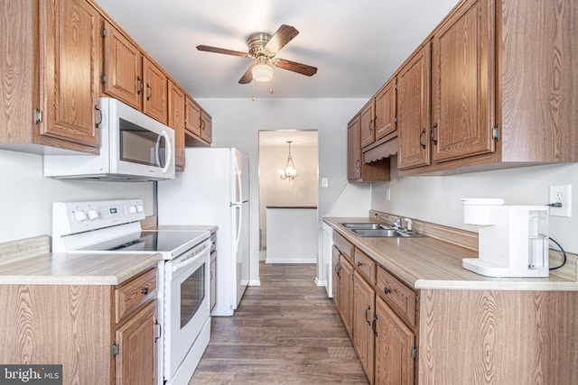 kitchen with dark hardwood / wood-style flooring, sink, white appliances, and ceiling fan with notable chandelier