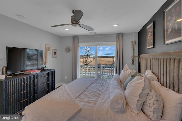 bedroom featuring access to exterior and ceiling fan