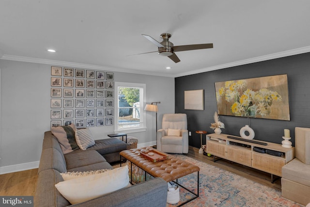 living room featuring hardwood / wood-style floors, crown molding, and ceiling fan