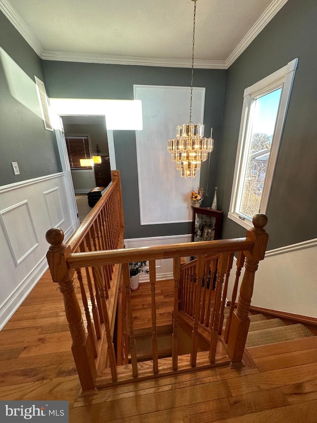 stairway with ornamental molding, wood-type flooring, and a chandelier