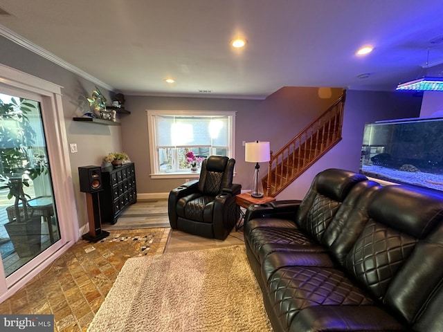 living room with ornamental molding