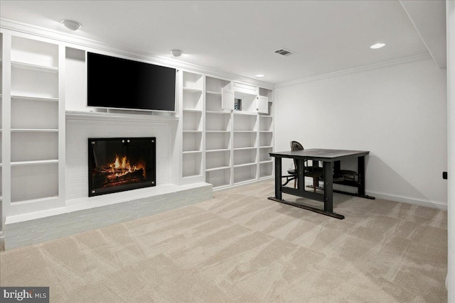 interior space featuring a fireplace and ornamental molding