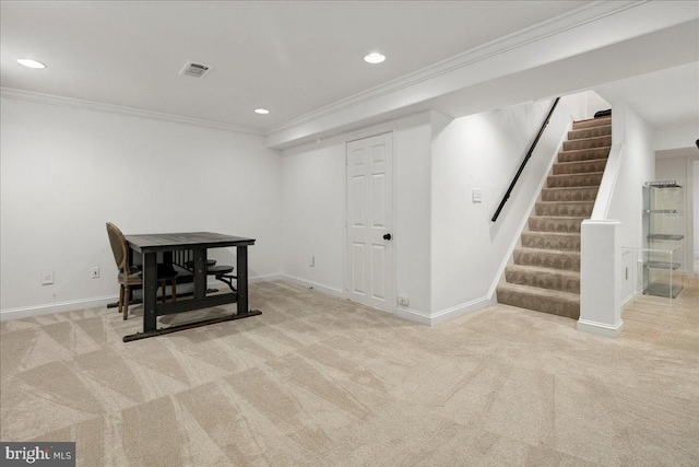 interior space with crown molding and light colored carpet