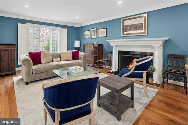 living room featuring crown molding and light hardwood / wood-style flooring