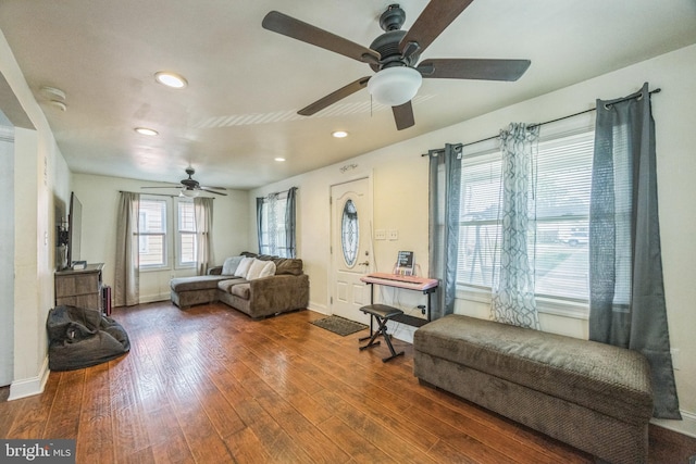 living room with dark hardwood / wood-style floors