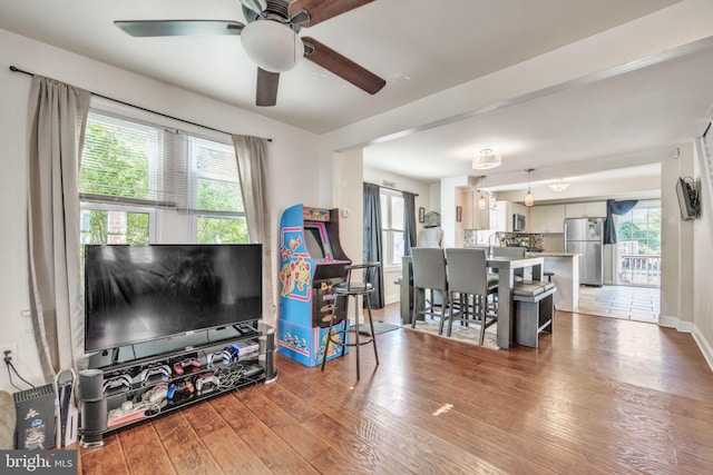 living room featuring ceiling fan and hardwood / wood-style floors