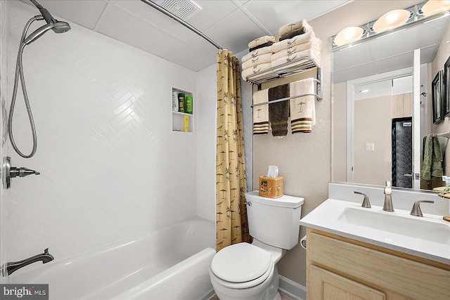 full bathroom with vanity, toilet, and shower / bath combo with shower curtain