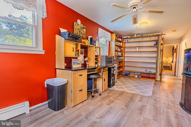 office with a baseboard heating unit, ceiling fan, and light hardwood / wood-style flooring