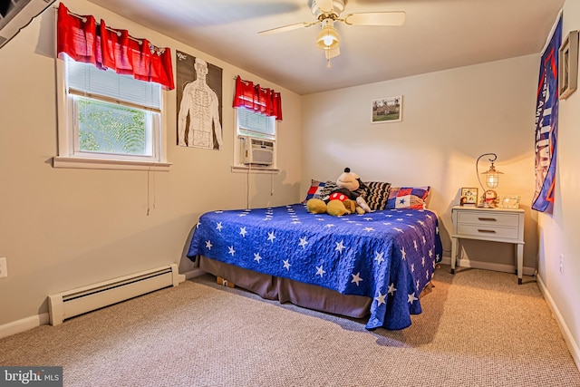 bedroom with a baseboard radiator, carpet flooring, cooling unit, and ceiling fan