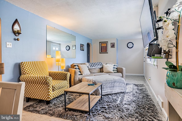 living room with carpet floors and a textured ceiling