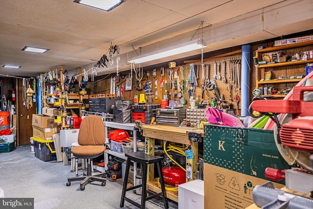 interior space featuring a workshop area