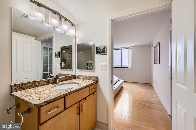 bathroom with hardwood / wood-style flooring and vanity