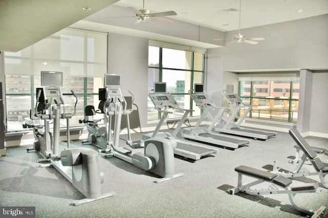 workout area featuring a high ceiling and ceiling fan