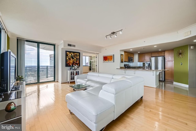 living room with a wall of windows, ornamental molding, and light hardwood / wood-style flooring