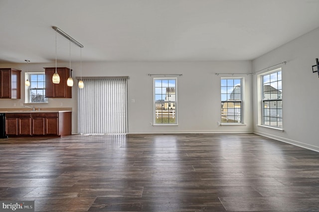 unfurnished living room featuring sink and dark wood-type flooring