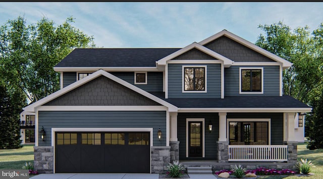 craftsman house with a garage, concrete driveway, a porch, and stone siding