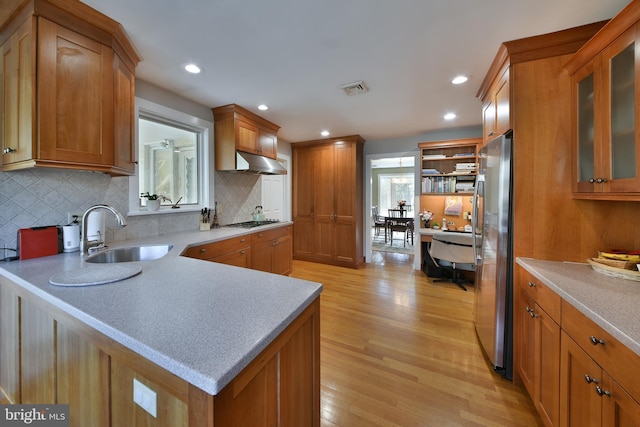 kitchen featuring appliances with stainless steel finishes, sink, backsplash, and light hardwood / wood-style flooring