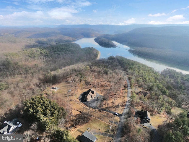 birds eye view of property with a water and mountain view