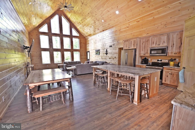 dining area with dark hardwood / wood-style flooring, high vaulted ceiling, wooden ceiling, and wooden walls