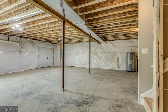 basement with electric panel and electric water heater