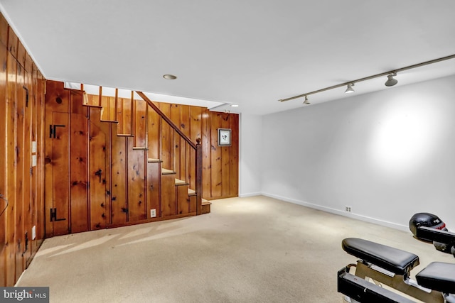 workout room with rail lighting, carpet floors, and wood walls