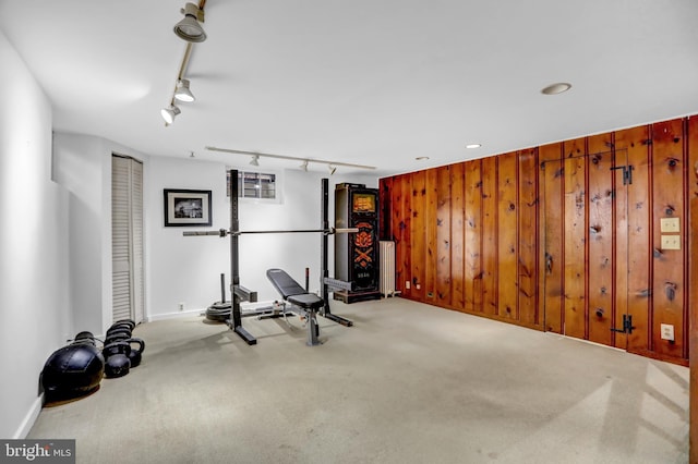 workout area featuring carpet flooring, wooden walls, and track lighting