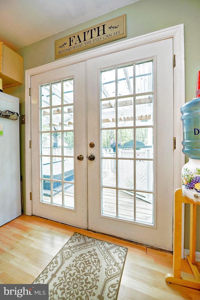 entryway with french doors, plenty of natural light, and wood finished floors