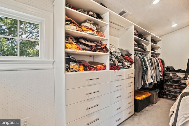 spacious closet featuring visible vents and light colored carpet