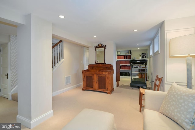 living room with visible vents, recessed lighting, stairway, carpet flooring, and baseboards