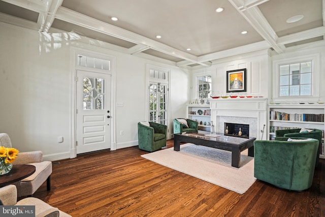 living room featuring beamed ceiling, baseboards, dark wood-style flooring, and coffered ceiling