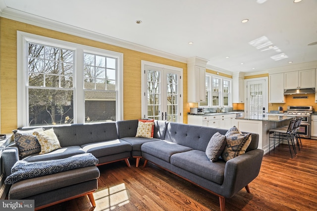 living room with crown molding and dark wood-style flooring