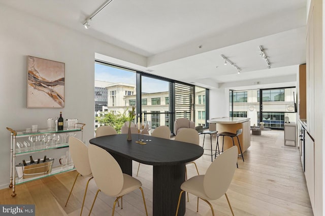 dining space with rail lighting and light wood-type flooring