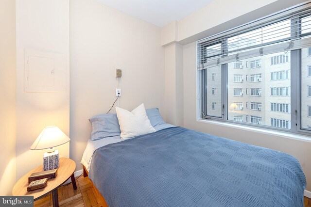 bedroom with multiple windows and electric panel