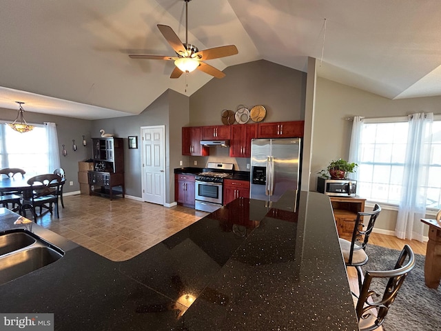 kitchen with sink, decorative light fixtures, vaulted ceiling, appliances with stainless steel finishes, and ceiling fan