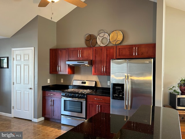 kitchen with high vaulted ceiling, ceiling fan, and appliances with stainless steel finishes