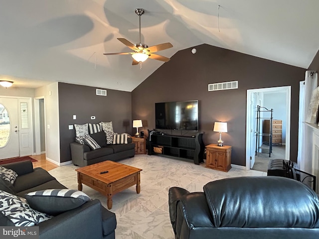 living room with vaulted ceiling and ceiling fan