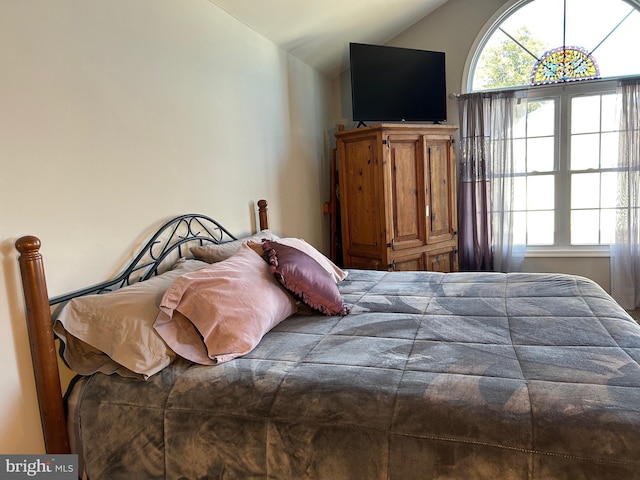 bedroom with lofted ceiling and multiple windows