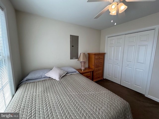 carpeted bedroom with electric panel, a closet, and ceiling fan